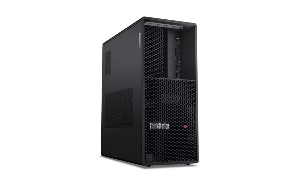 A black ThinkStron computer tower with a visible front panel and a visible side panel.