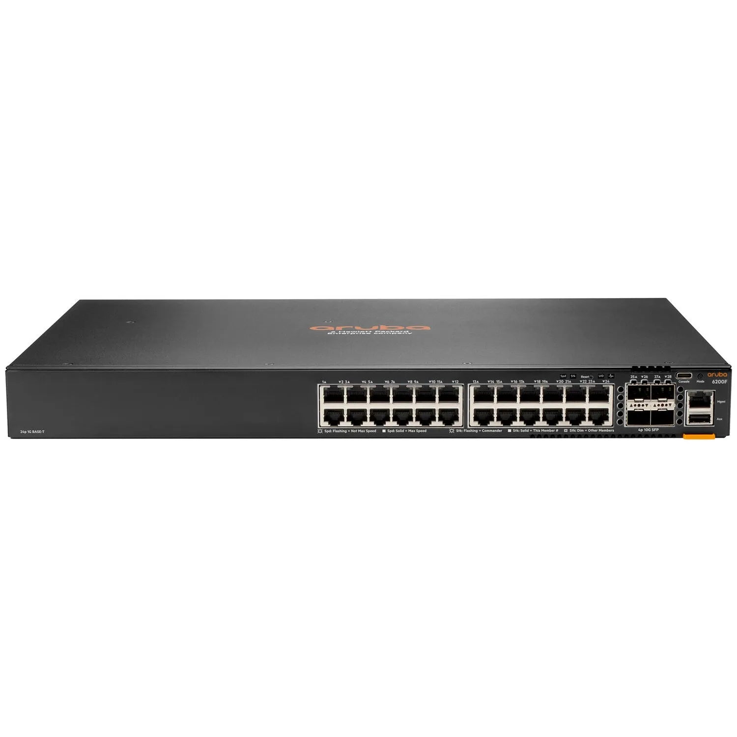 a black electronic device with a row of ports on the front, likely a networking device or a computer.