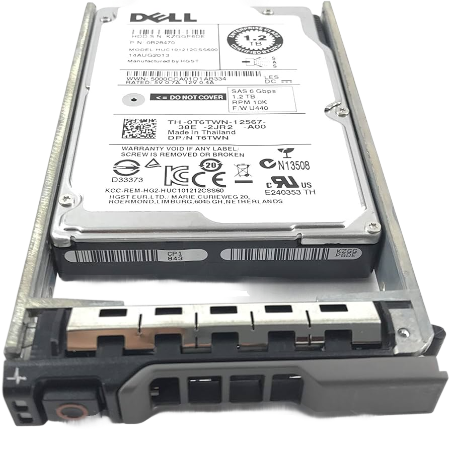 a Dell hard drive with a label indicating it is a 1.2TB model. The label provides details about the drive, including its capacity, model number, and specifications.