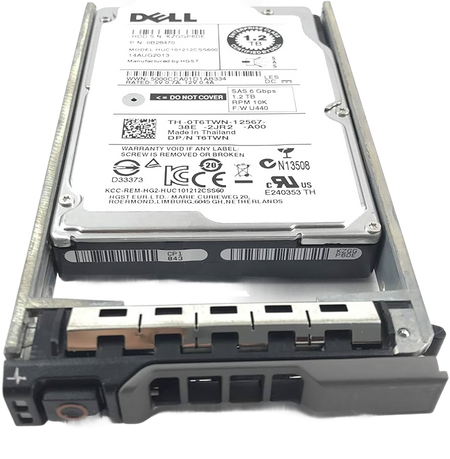 a Dell hard drive with a label indicating it is a 1.2TB model. The label provides details about the drive, including its capacity, model number, and specifications.