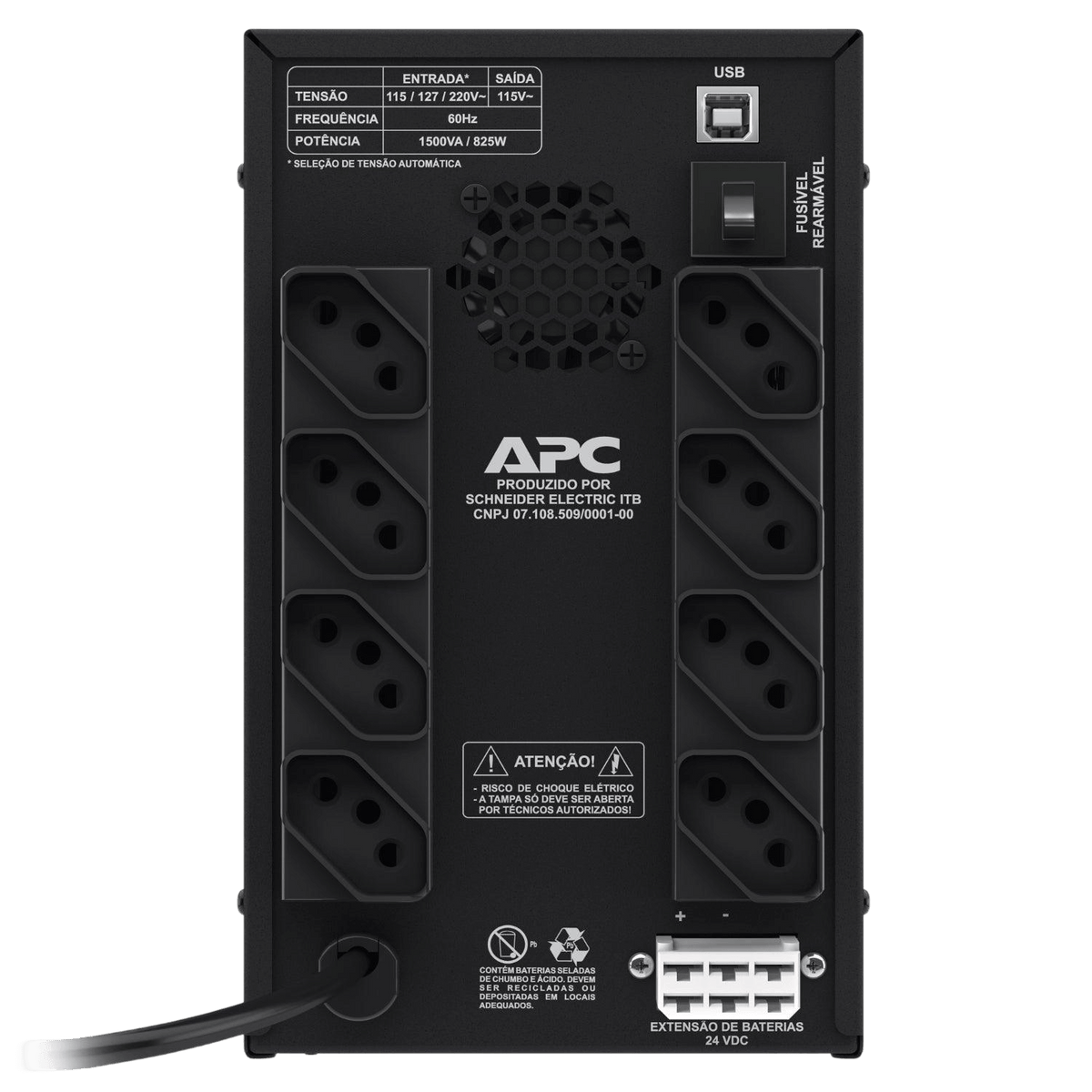 APC Back-UPS 2200VA rear view, showing power outlets, USB connection, and specifications.