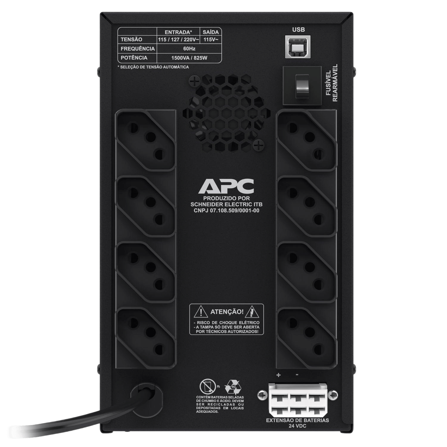 APC Back-UPS 2200VA rear view, showing power outlets, USB connection, and specifications.
