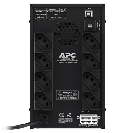 APC Back-UPS 2200VA rear view, showing power outlets, USB connection, and specifications.