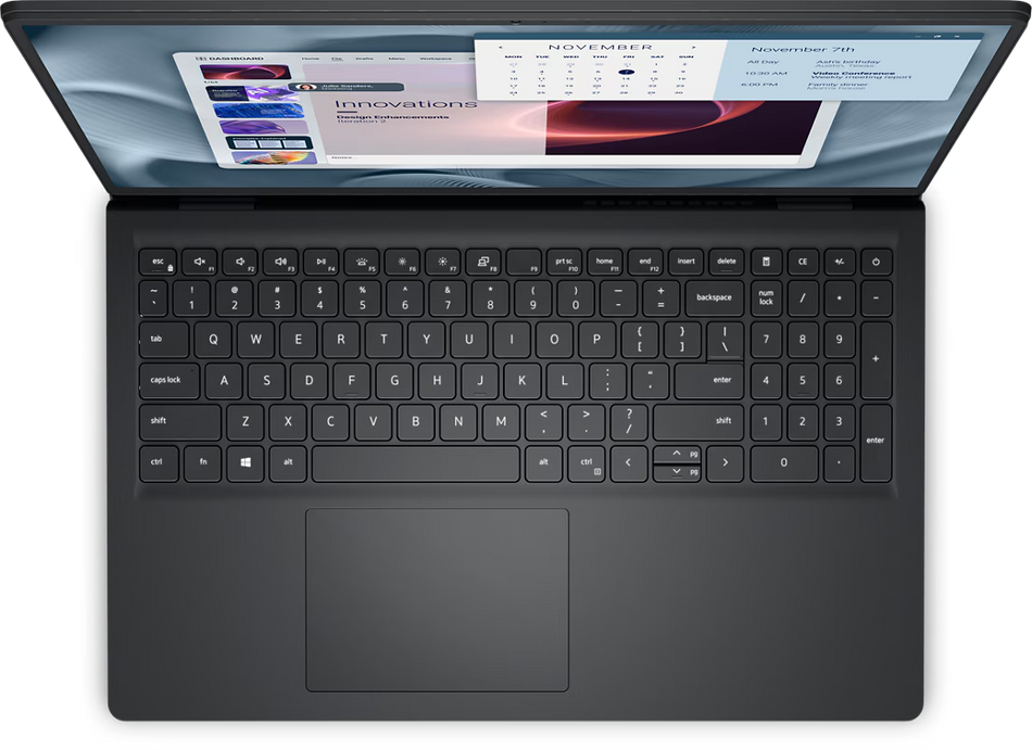 an open laptop with a black keyboard and touchpad. The laptop screen displays a calendar and a webpage, indicating that it is in use.
