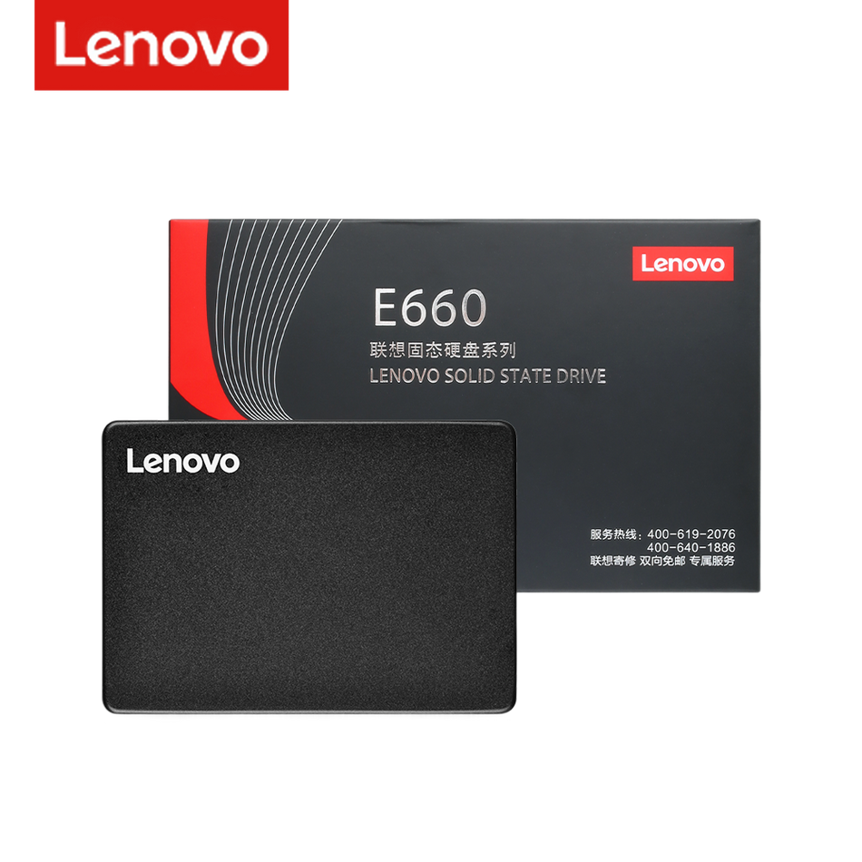 a black laptop hard drive from the Lenovo brand, with the product name and specifications visible on the packaging.