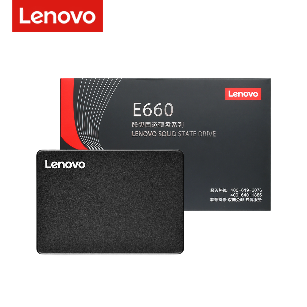 a black laptop hard drive from the Lenovo brand, with the product name and specifications visible on the packaging.