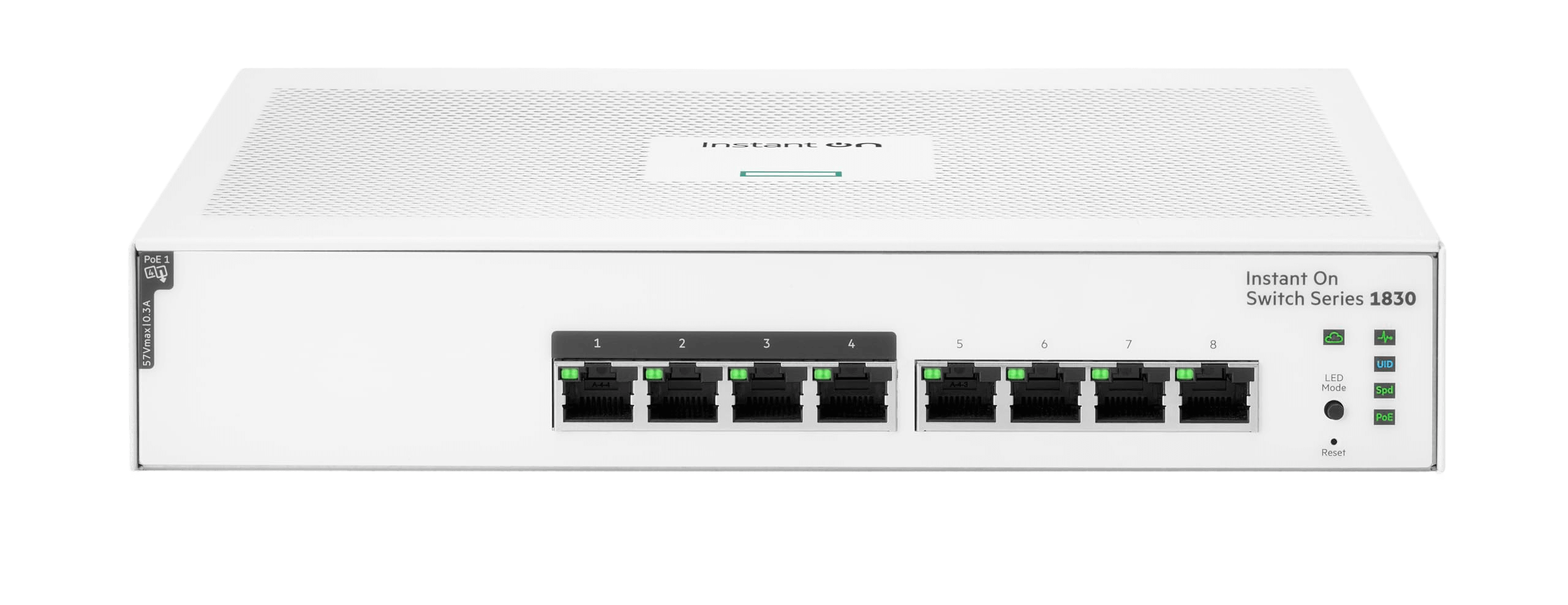HPE Instant On Switch 1830 front view with 8 ports for seamless networking.
