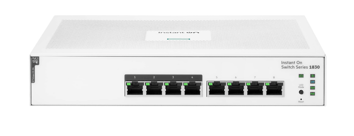 HPE Instant On 1830 Gigabit Switch with 8 ports for small business networking and intelligent management.