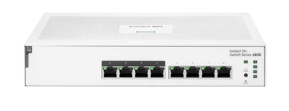 HPE Instant On 1830 Gigabit Switch with 8 ports for small business networking and intelligent management.