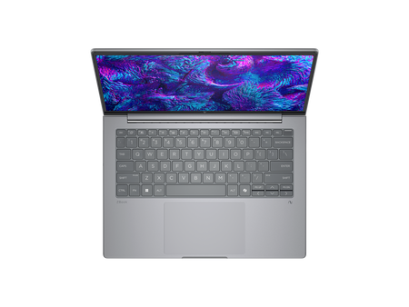 a silver laptop with a vibrant, colorful wallpaper displayed on its screen.