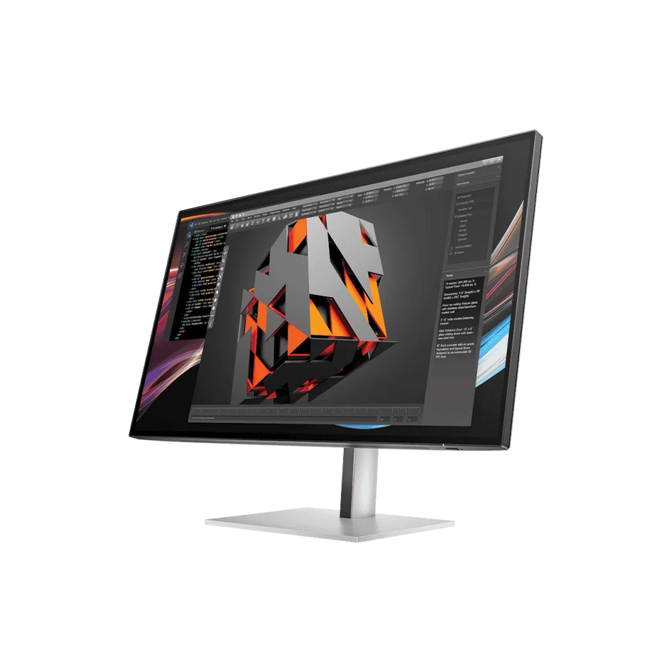 a computer monitor displaying a 3D cube graphic on its screen.