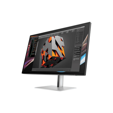 a computer monitor displaying a 3D cube graphic on its screen.