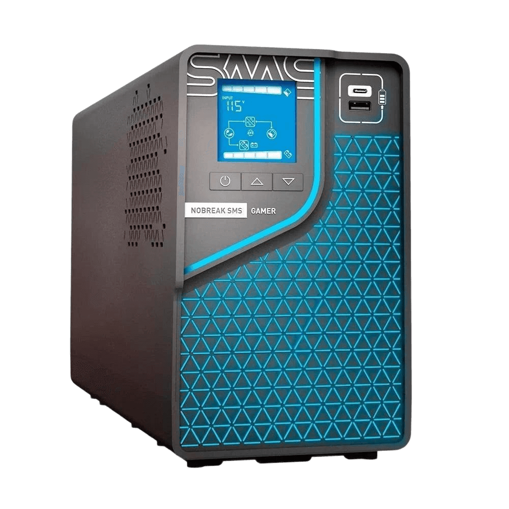 Nobreak SMS Gamer 1500Bi/Bi WiFi, reliable power backup for gaming, featuring a sleek design and digital display.