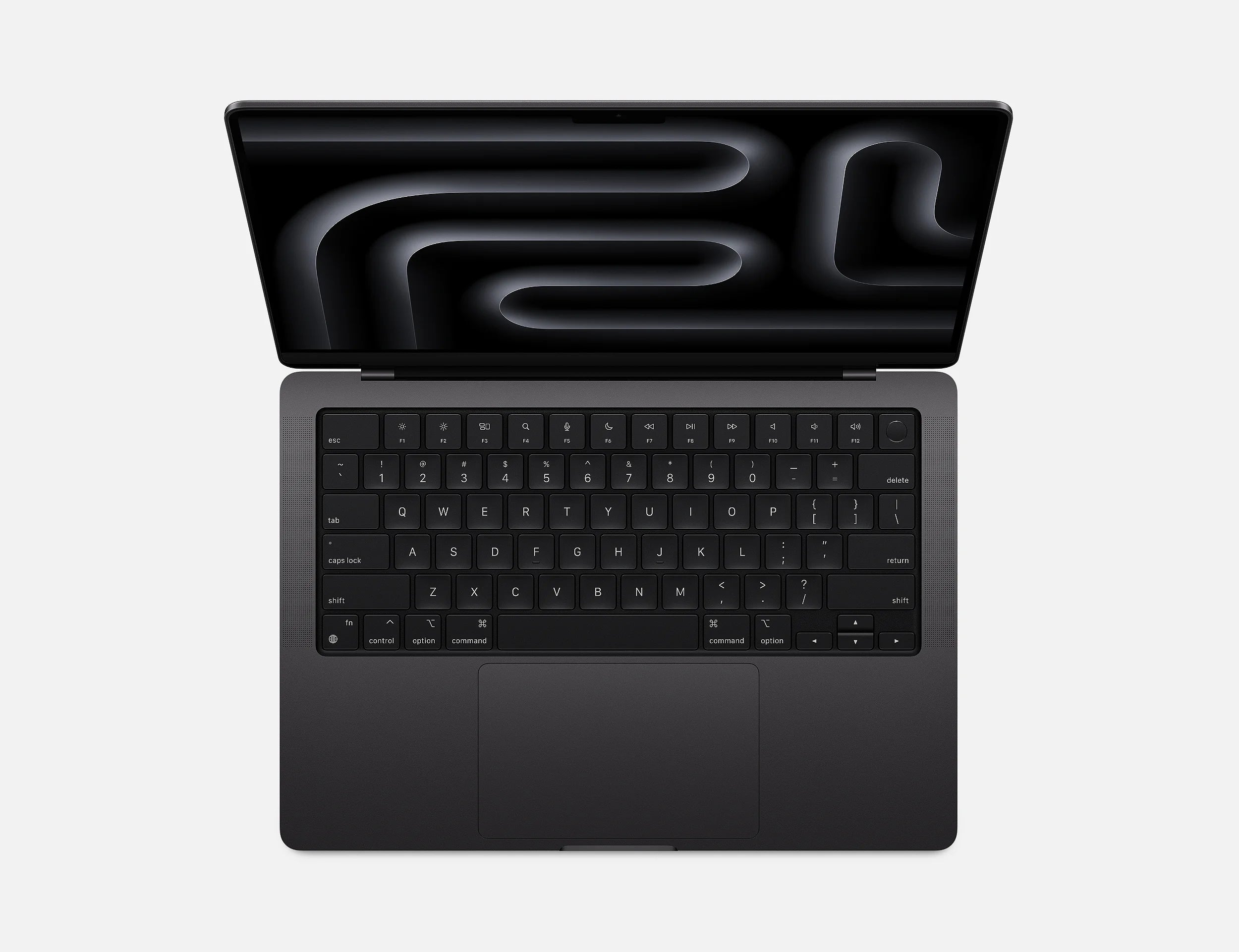 an open laptop computer with a black keyboard and a black screen displaying a black and white abstract design.