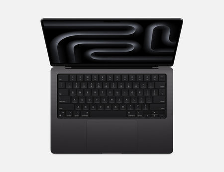 an open laptop computer with a black keyboard and a black screen displaying a black and white abstract design.