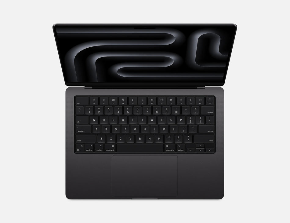 an open laptop computer with a black keyboard and a black screen displaying a black and white abstract design.