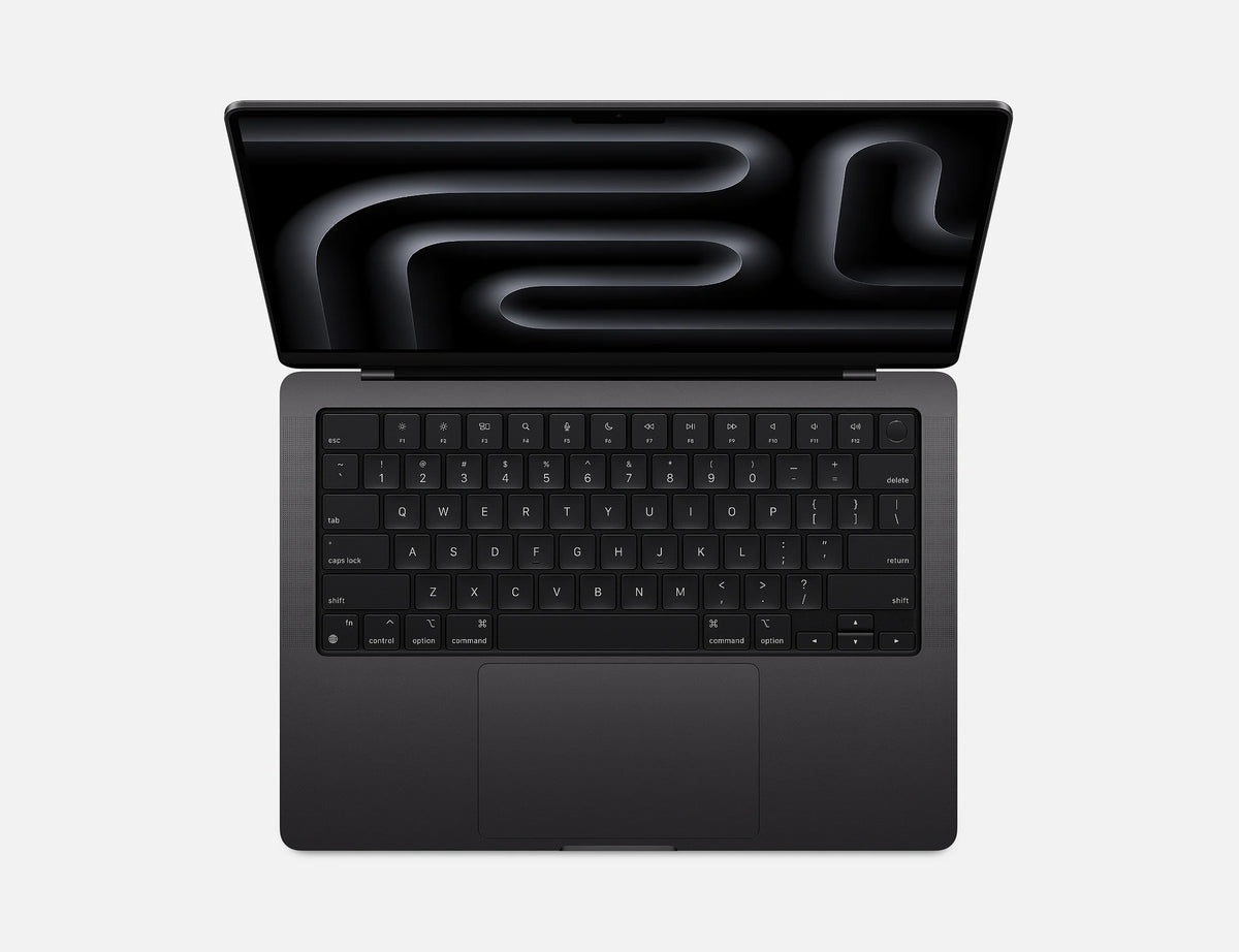 an open laptop computer with a black keyboard and a black screen displaying a black and white abstract design.