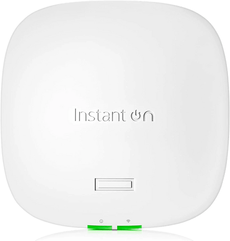 Access Point Instant On device with white design, featuring LED indicators and branding.