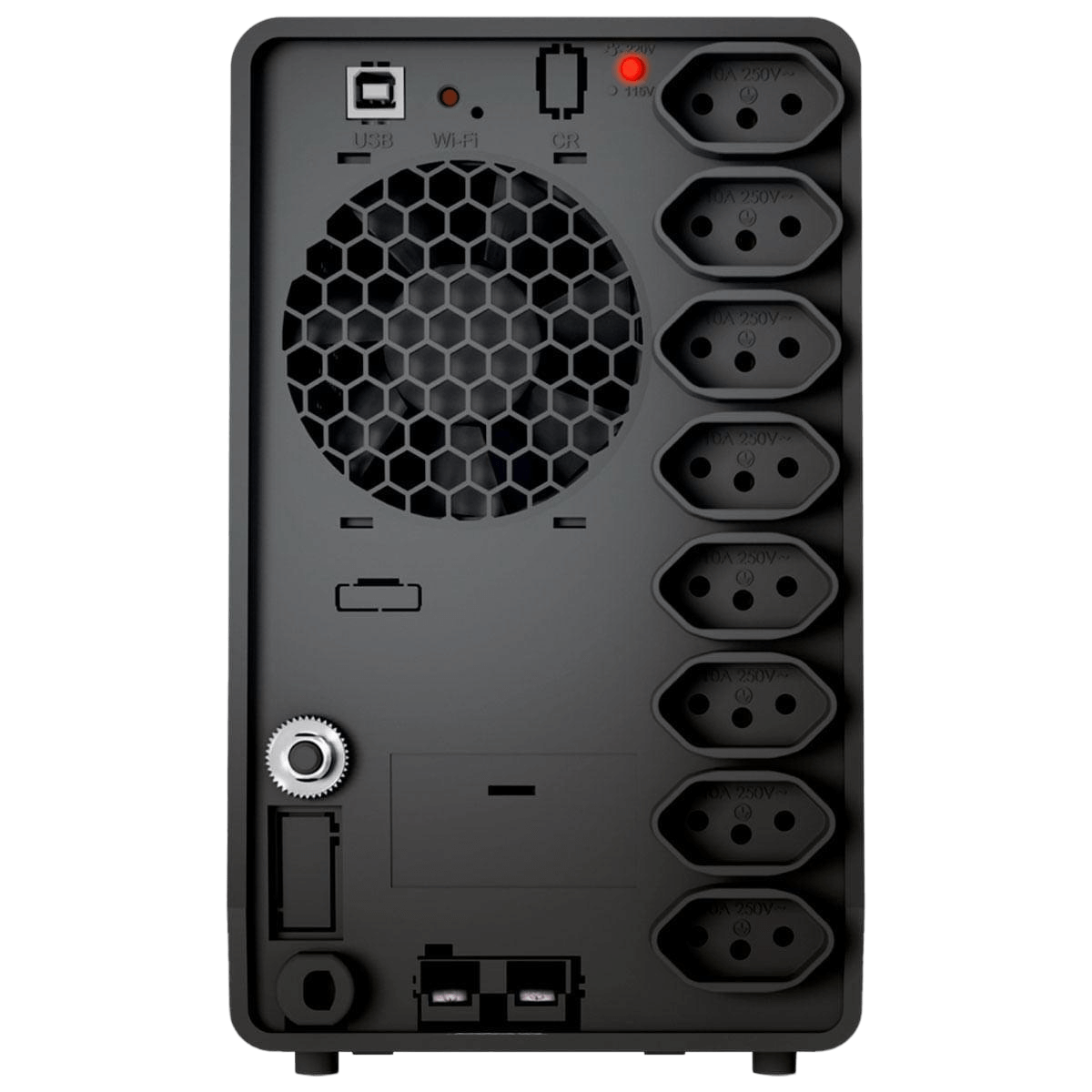 Back view of Nobreak SMS Gamer 1500Bi/Bi WiFi with multiple outlets and ventilation system.