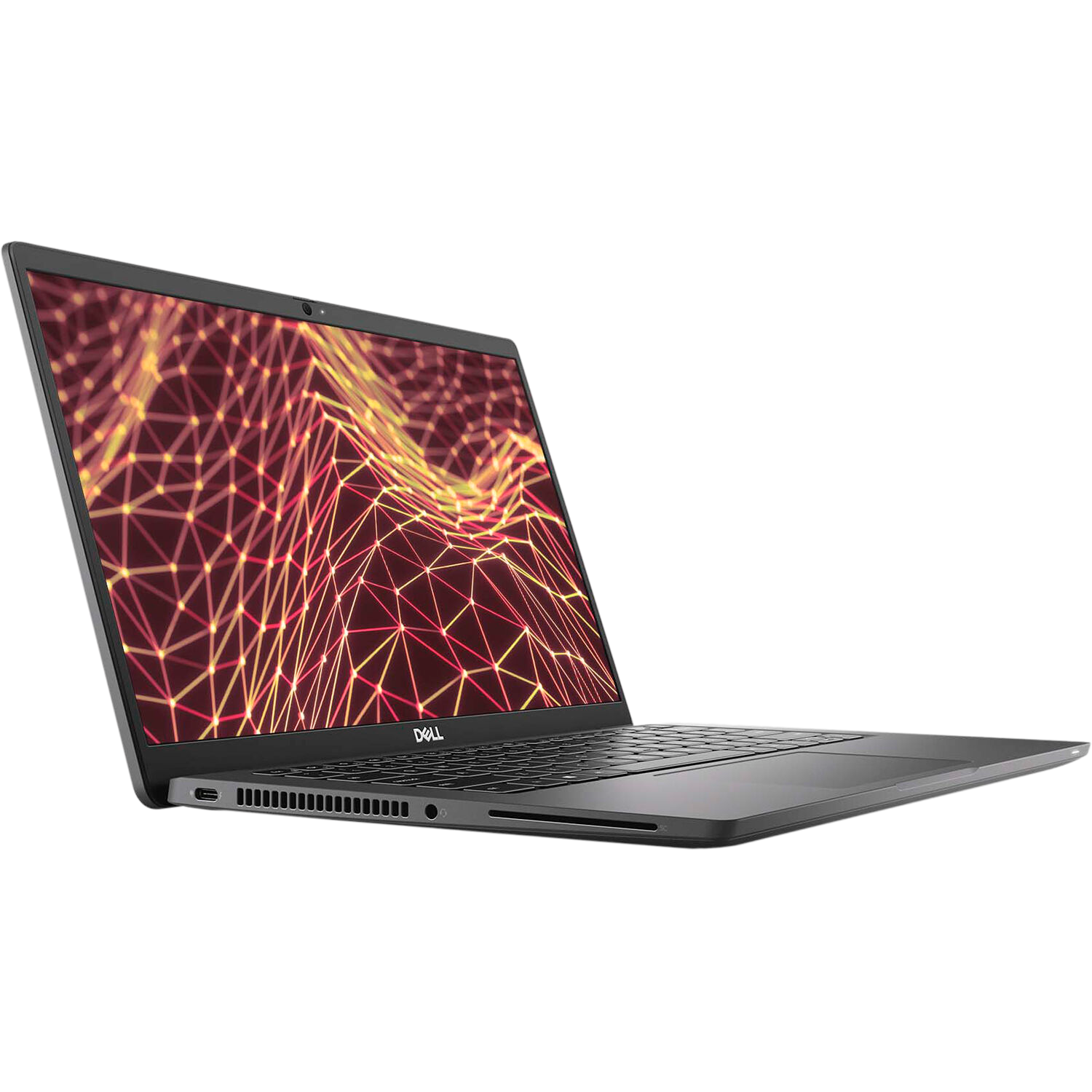 A Dell laptop computer with a vibrant, abstract wallpaper on its screen.