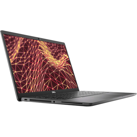 A Dell laptop computer with a vibrant, abstract wallpaper on its screen.