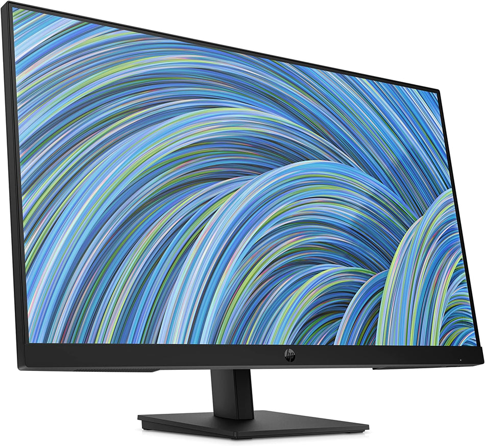 a large, black computer monitor with a vibrant, abstract blue and green color scheme. The monitor is placed on a stand, and the screen displays a colorful, swirling pattern that creates a visually striking and dynamic display.