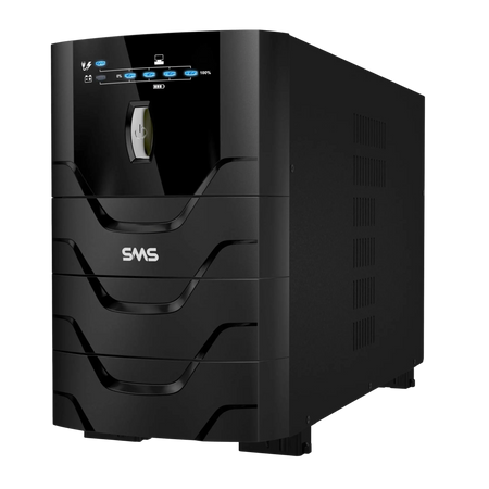 a black electronic device, likely a power supply or UPS, with a sleek and modern design.