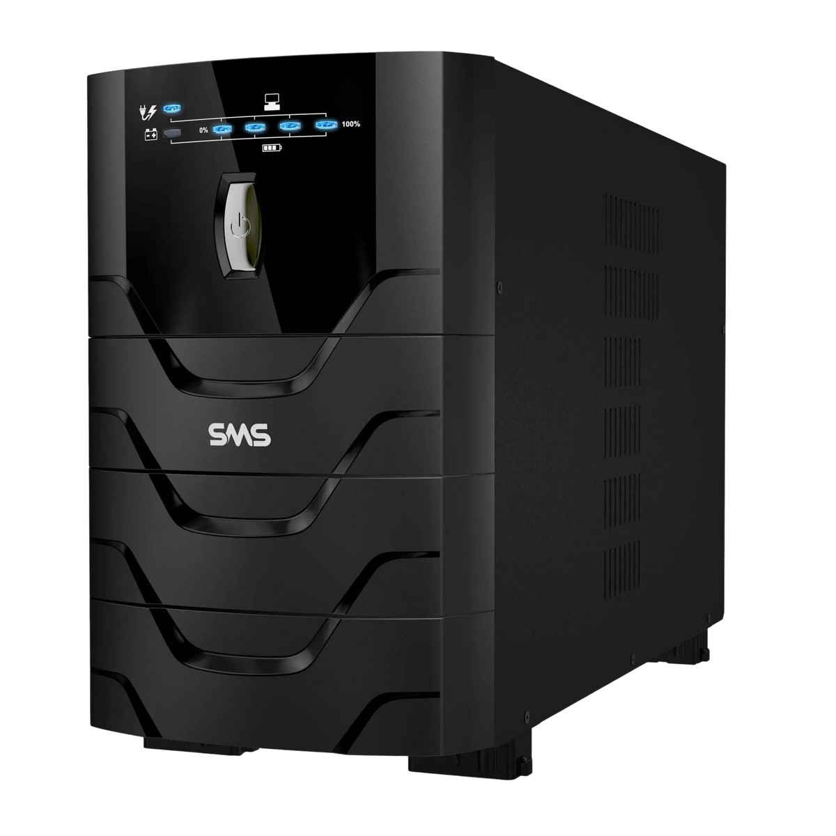 a black electronic device, likely a power supply or UPS, with a sleek and modern design.