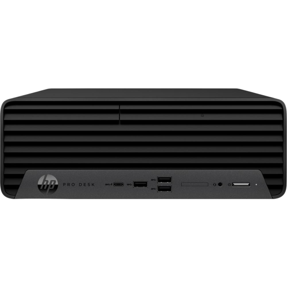 a black HP Pro Desk computer tower.