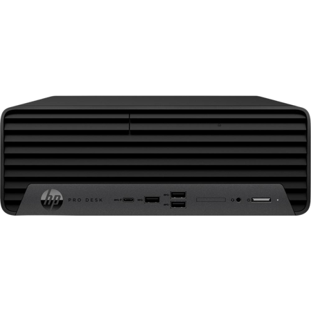 a black HP Pro Desk computer tower.
