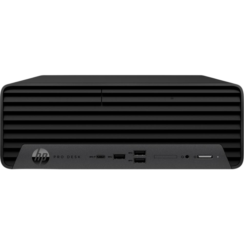 a black HP Pro Desk computer tower.