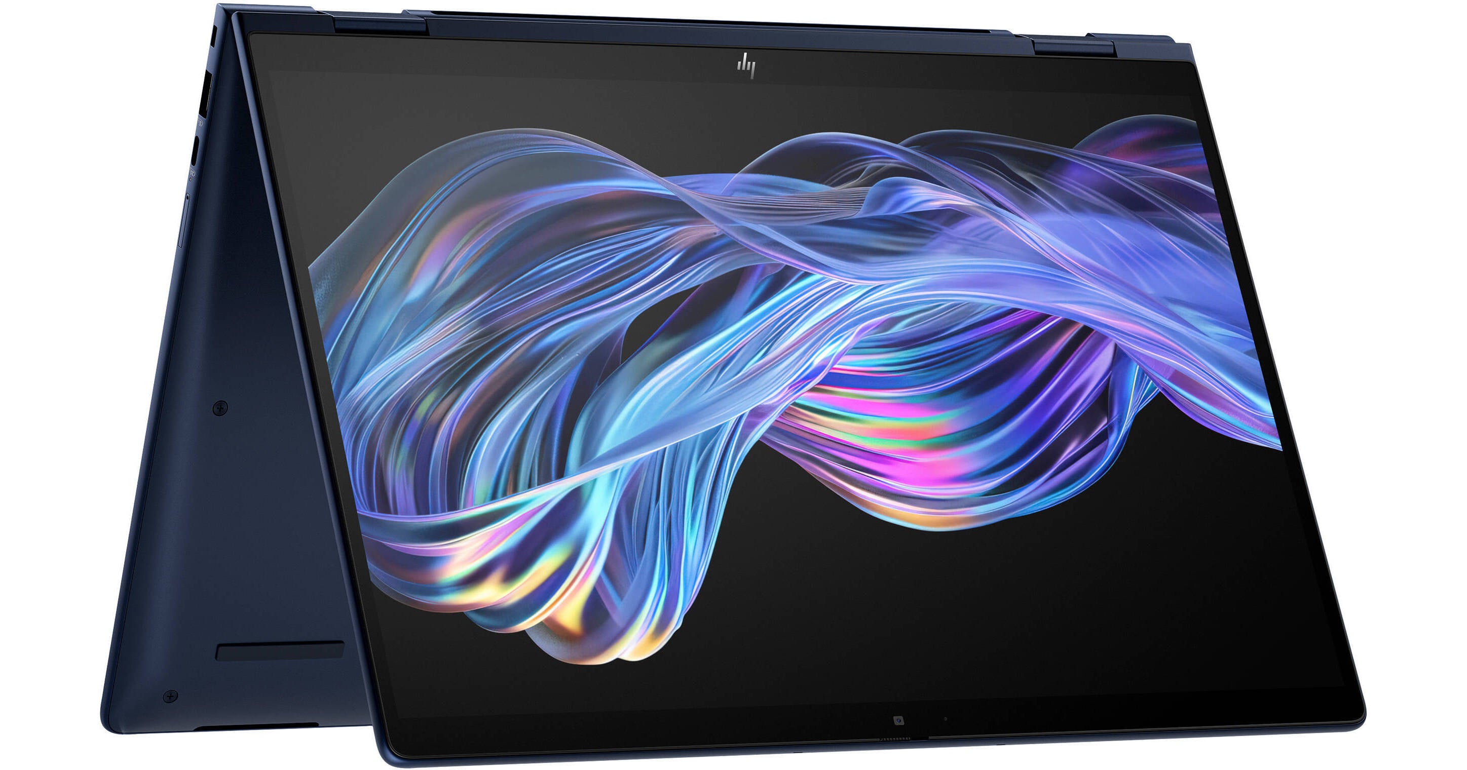 a laptop with a large, vibrant display showing a swirling, abstract pattern of blue, purple, and pink colors.