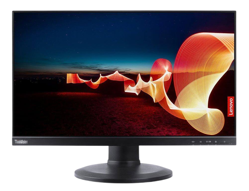 a computer monitor displaying a vibrant, colorful abstract image with swirling lines and shapes.