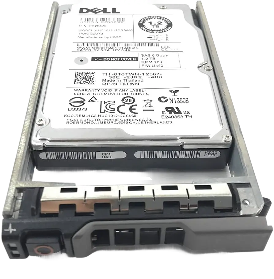 a Dell hard drive with a label indicating its specifications and features.
