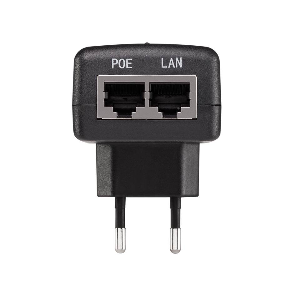 a black electronic device with two ports, labeled as a "Poe LAN" connection.
