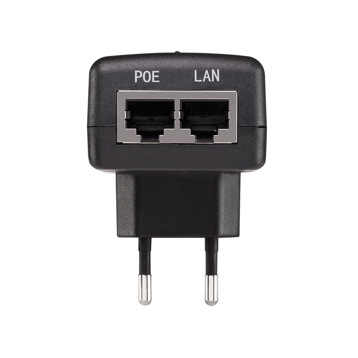 a black electronic device with two ports, labeled as a "Poe LAN" connection.