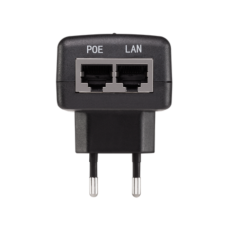 a black electronic device with two ports, labeled as a "Poe LAN" connection.
