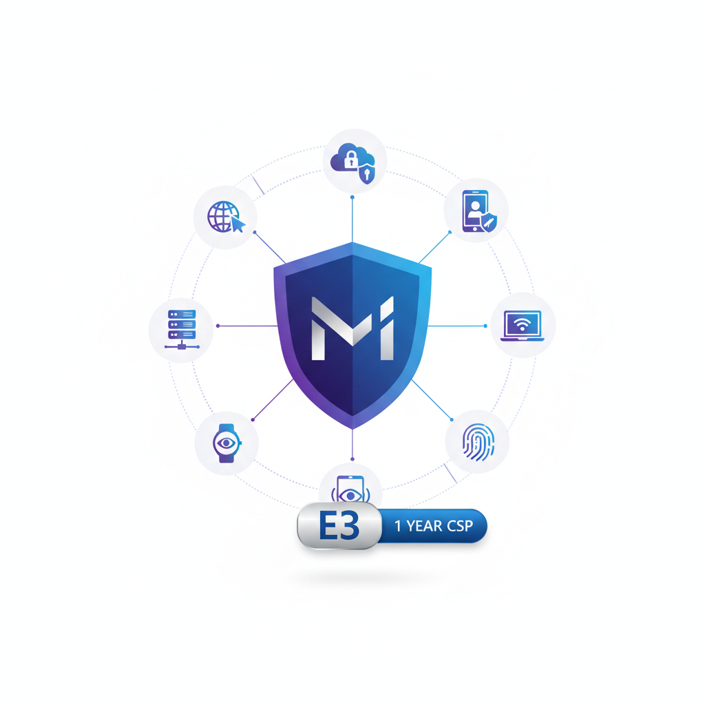 The image is a digital illustration featuring a shield-shaped logo surrounded by various technology and security-related icons, including a cloud, a smartphone, a laptop, and a fingerprint scanner.