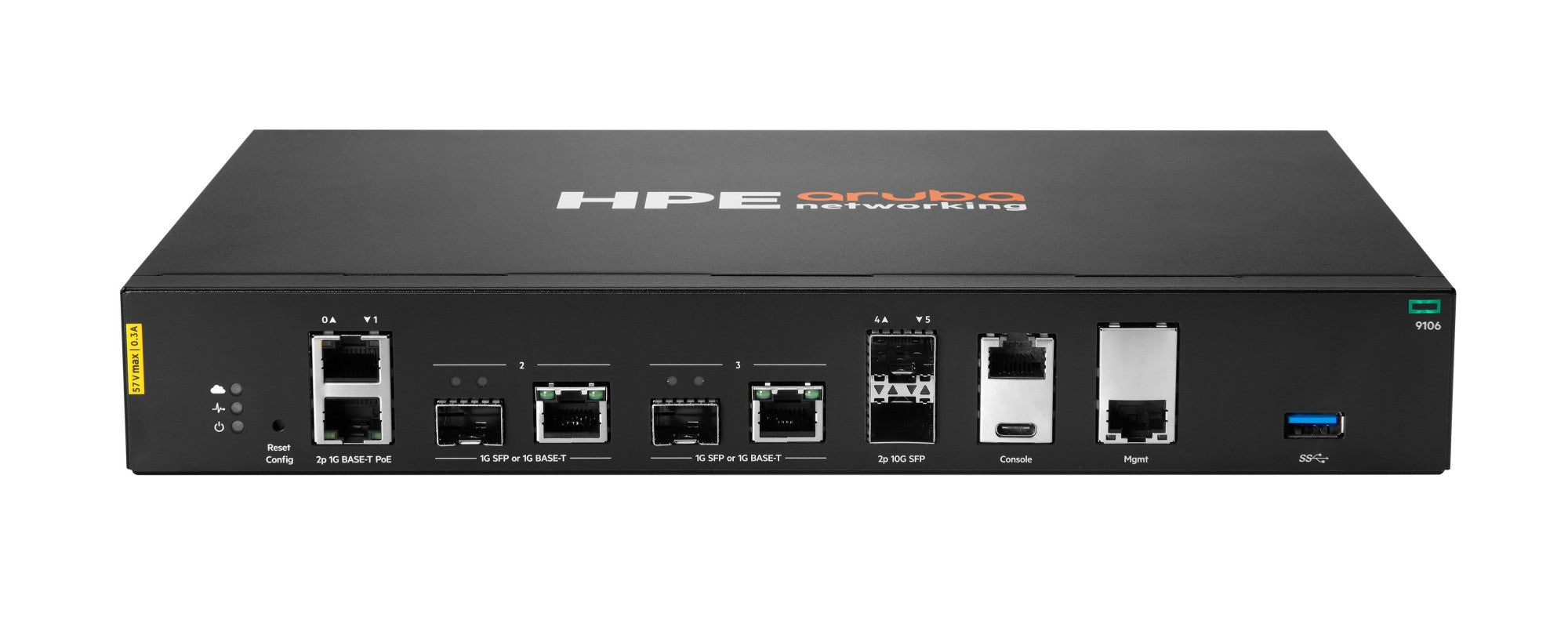 a black HPE (Aruba) networking device, which is a piece of networking equipment. It has multiple ports and connections, indicating that it is designed to handle multiple devices and data transfers.
