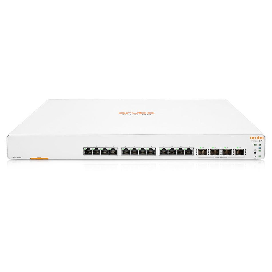a white and orange router or switch device with multiple ports, likely used for internet connectivity or network management.