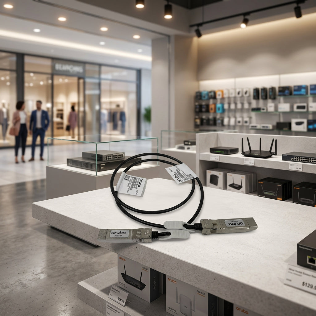 magem de cabo DAC HPE Aruba com conectores SFP+ metálicos nas duas extremidades, cabo preto e etiquetas de identificação Aruba, utilizado para conexão direta entre equipamentos de rede compatíveis. Produto apresentado sobre fundo branco.