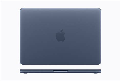 MacBook Neo índigo fechado, com logo Apple na tampa e vista lateral.