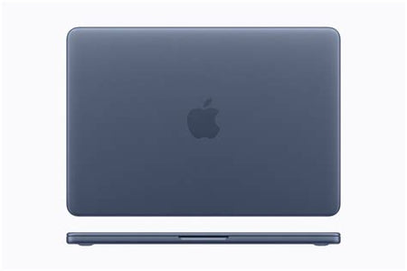 MacBook Neo índigo fechado, com logo Apple na tampa e vista lateral.