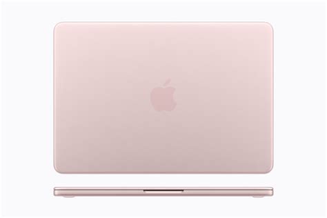 MacBook Neo Blush fechado, com logo Apple na tampa e vista lateral.