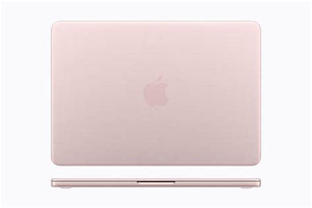 MacBook Neo Blush fechado, com logo Apple na tampa e vista lateral.
