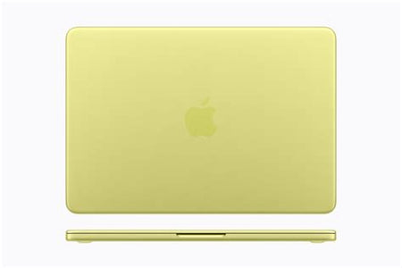 MacBook Neo amarelo-cítrico fechado, com logo Apple na tampa e vista lateral.