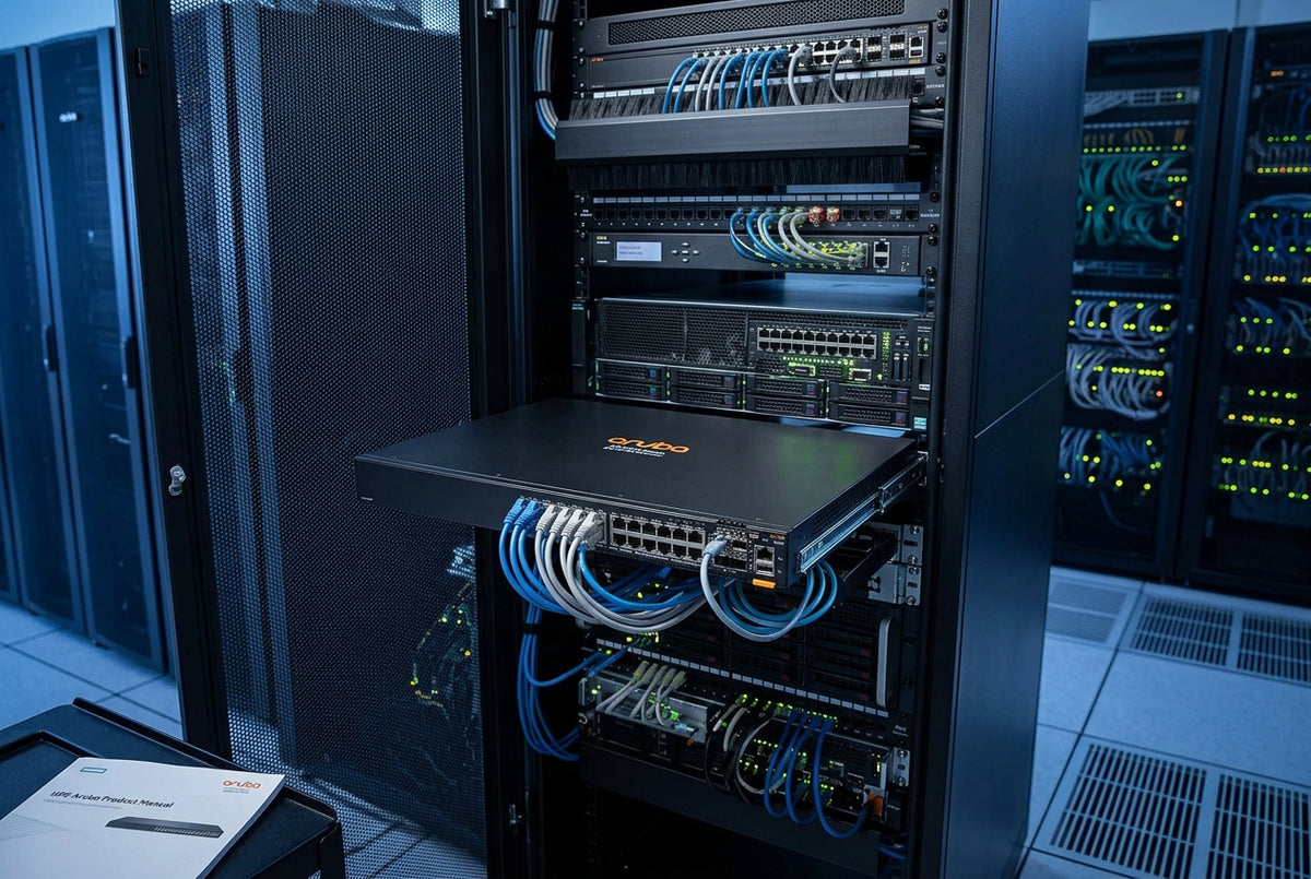 um dispositivo eletrônico preto com uma fileira de portas na frente, provavelmente um dispositivo de rede ou um computador.
