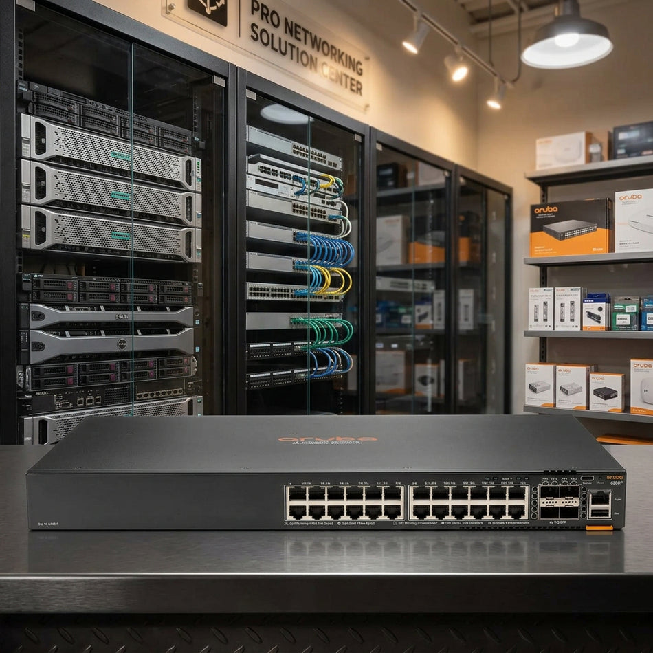 um dispositivo eletrônico preto com uma fileira de portas na frente, provavelmente um dispositivo de rede ou um computador.
