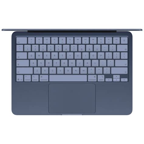 MacBook Neo índigo aberto, visto de cima, com teclado e trackpad.
