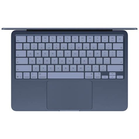 MacBook Neo índigo aberto, visto de cima, com teclado e trackpad.